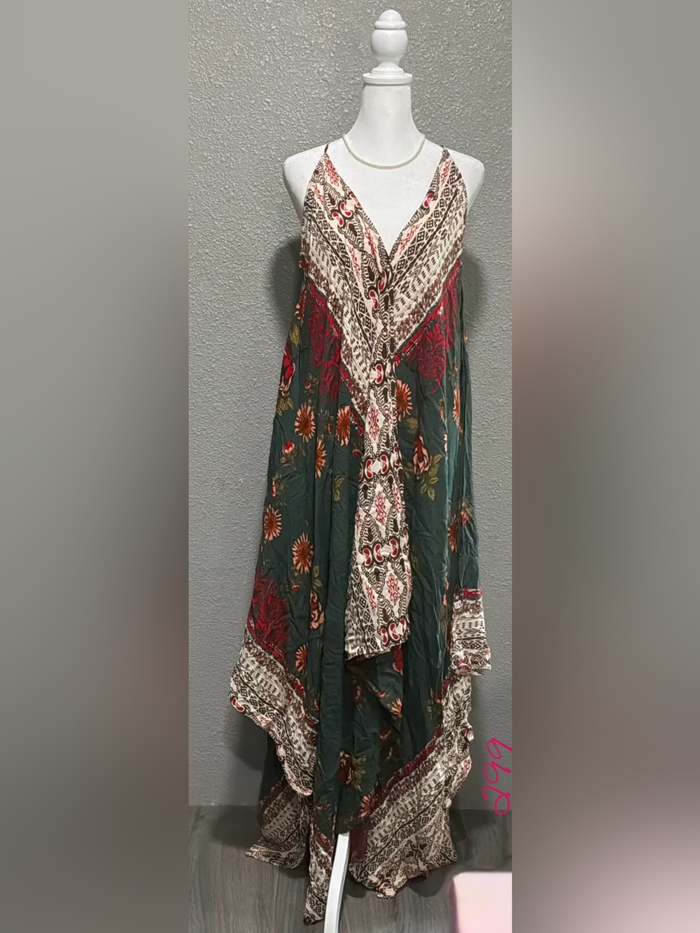 Boho High-Low Maxi Dress in Forest Green and Red